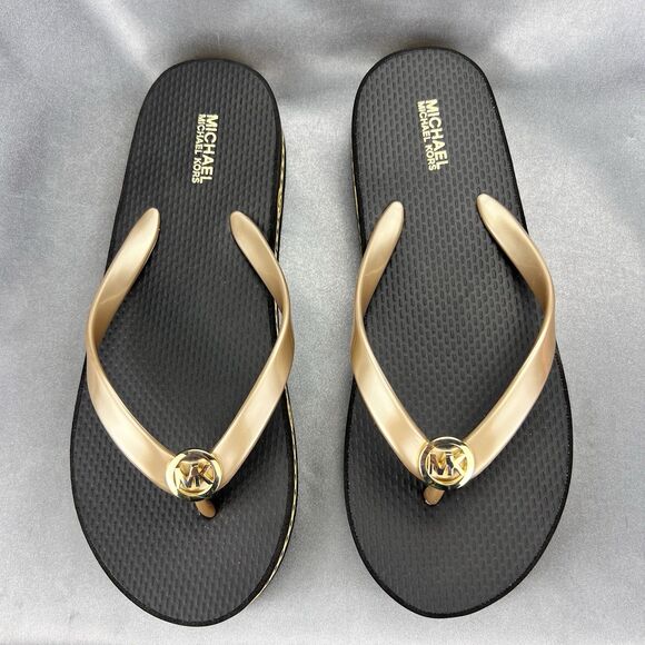Michael Kors Women's 7 Logo Flip Flops Fashion Sandals Black/Gold RX24D MK Shoes - Picture 12 of 14
